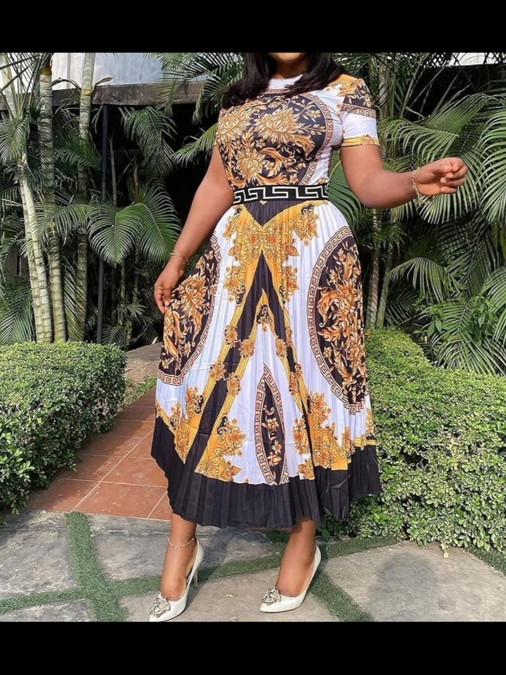 Baroque-Print Black, White & Gold Midi Dress